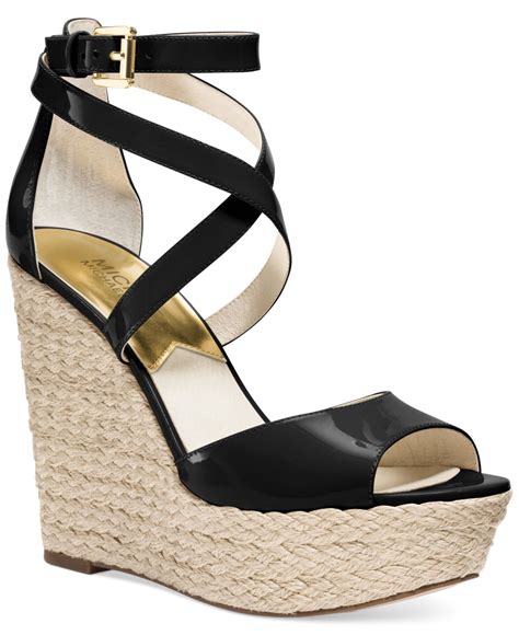 black michael kors wedges with a double buckle|Michael Kors wedge sandals.